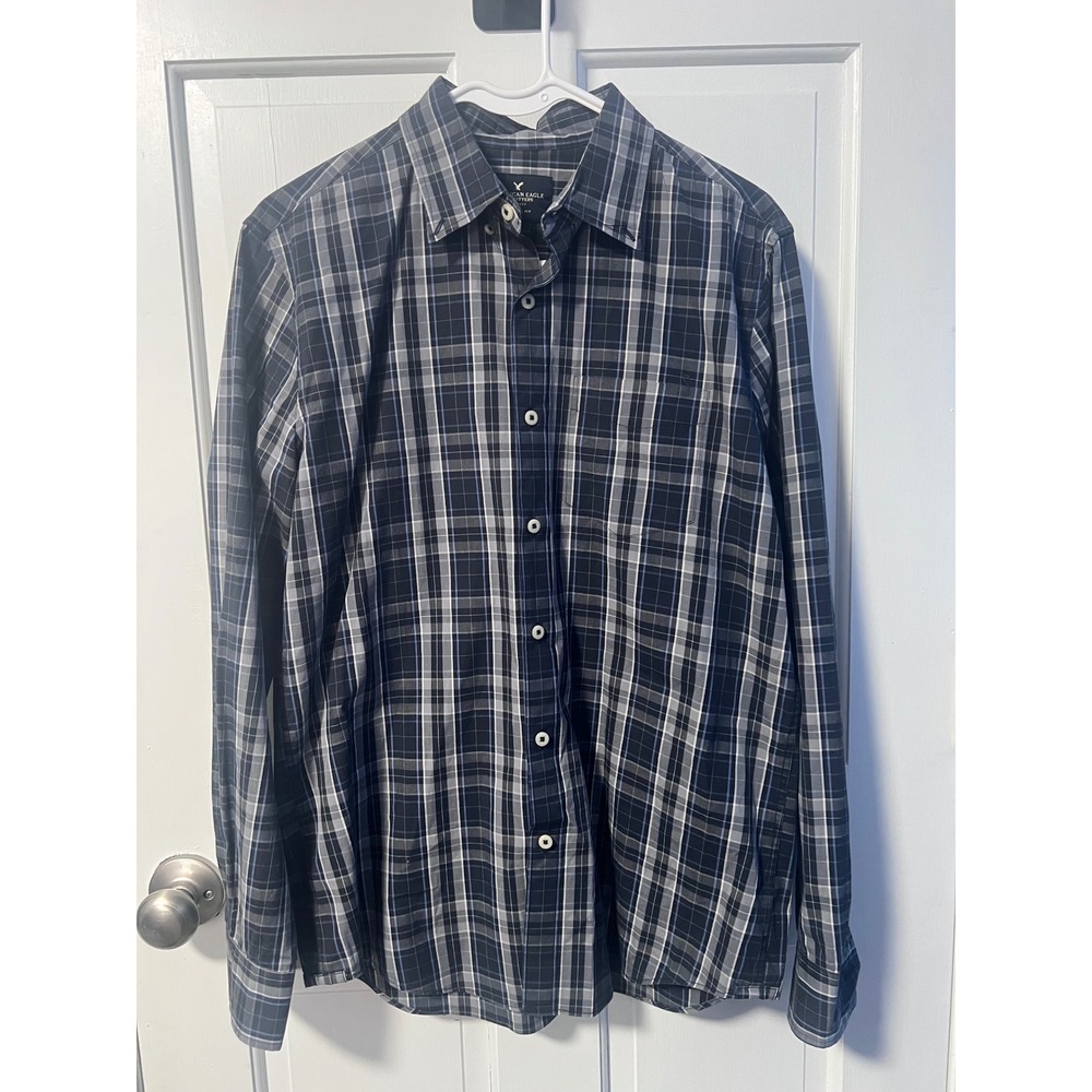 American Eagle‎ Plaid Shirt Mens S Black Classic Fit Stretch - Picture 5 of 6